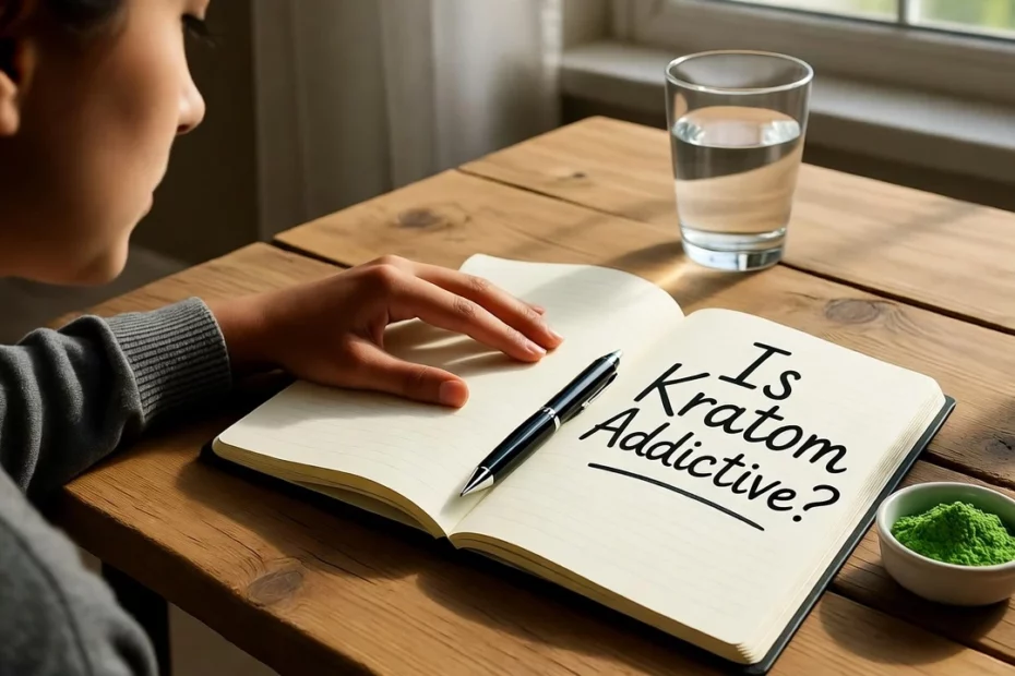 A person looking at an open notebook saying "Is Kratom Addictive?" with a bowl of powder and water nearby