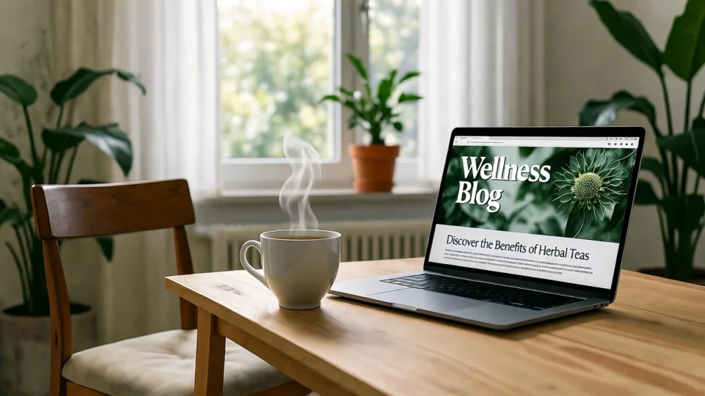 Laptop displaying Wellness Blog with herbal tea article, steaming cup, wooden chair, and potted plants near a window
