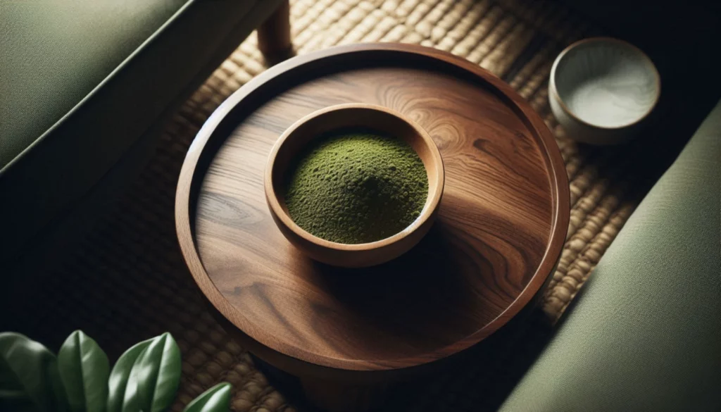 A wooden bowl filled with kratom powder on a round wooden table, beside by green couches and a smaller ceramic bowl