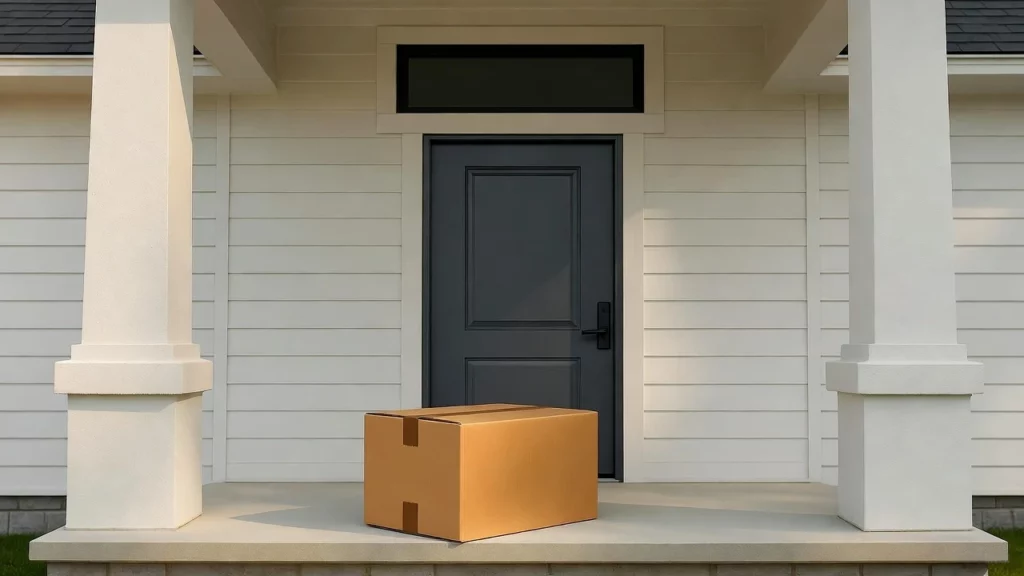 A brown package in front of a house with a dark gray door