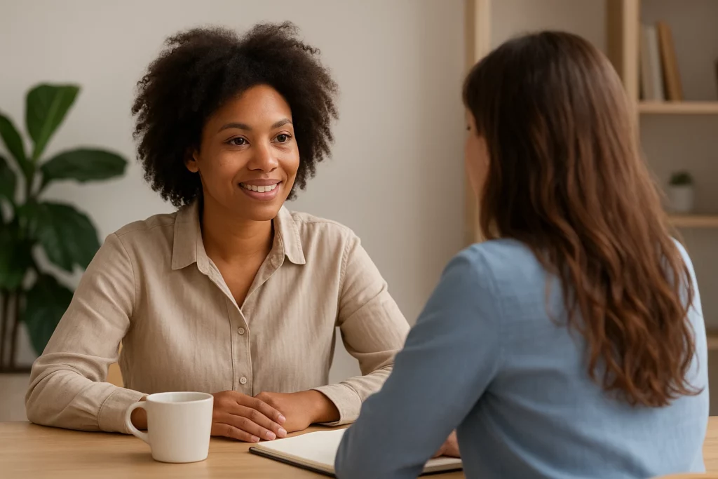 Two women in professional attire discuss harm reduction strategies on a wooden table with coffee mug and notebook