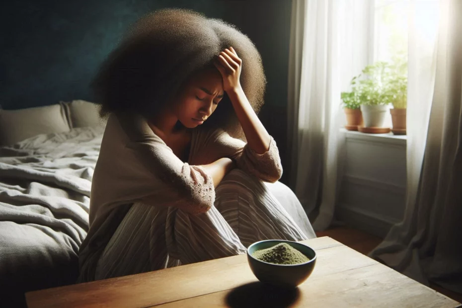 A person holding their head, visibly in pain, while trying to use kratom for migraines for relief