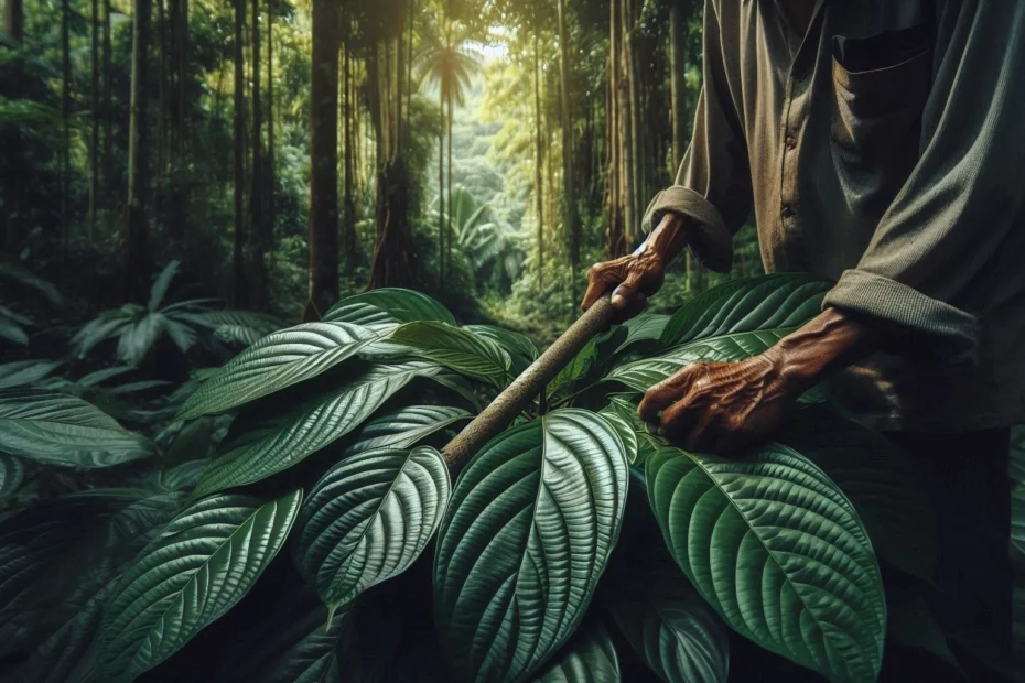 Wild harvested vs farm-grown kratom with a person harvesting kratom leaves with a stick in a forest