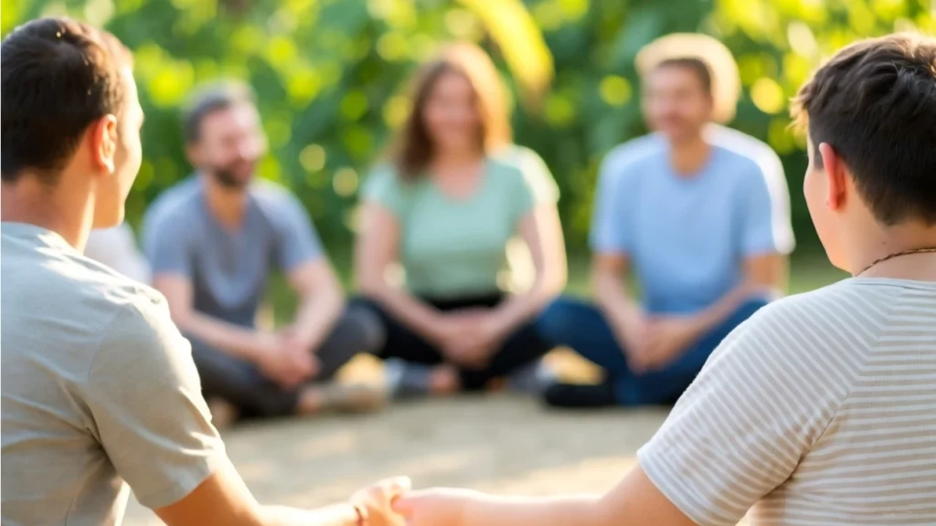 A group of people sitting in a circle outdoors, holding hands during a plant medicine ceremony