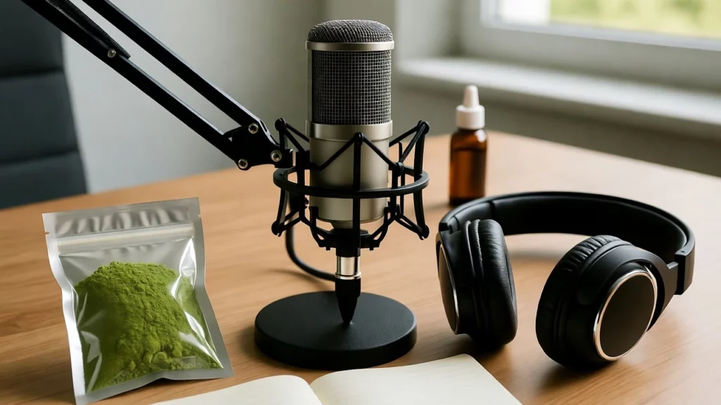 Package of green kratom powder next to a microphone, headphones, notebook, and amber bottle on a wooden desk
