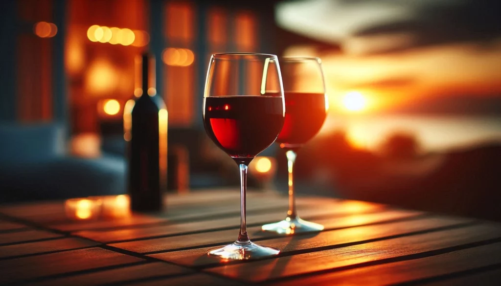 Two glasses of red wine and a bottle on a wooden table, with a sunset and warm lights in the background