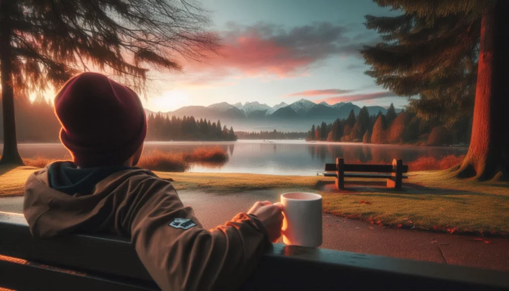 Person in a red beanie holding a mug of kratom tea, sitting on a bench at Deer Lake Park with mountains and sunset