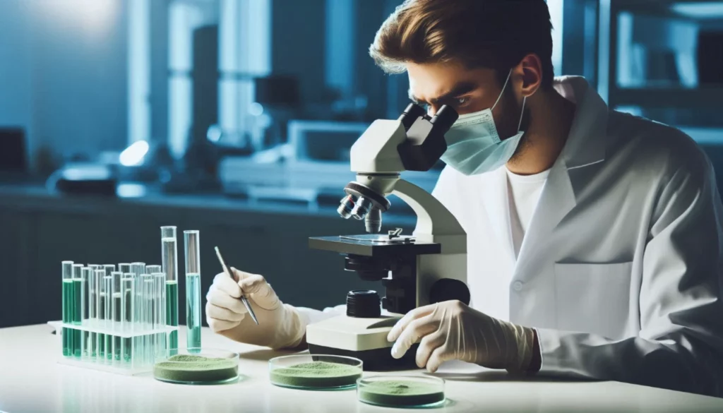 Scientist in lab coat and mask peering through microscope at kratom samples
