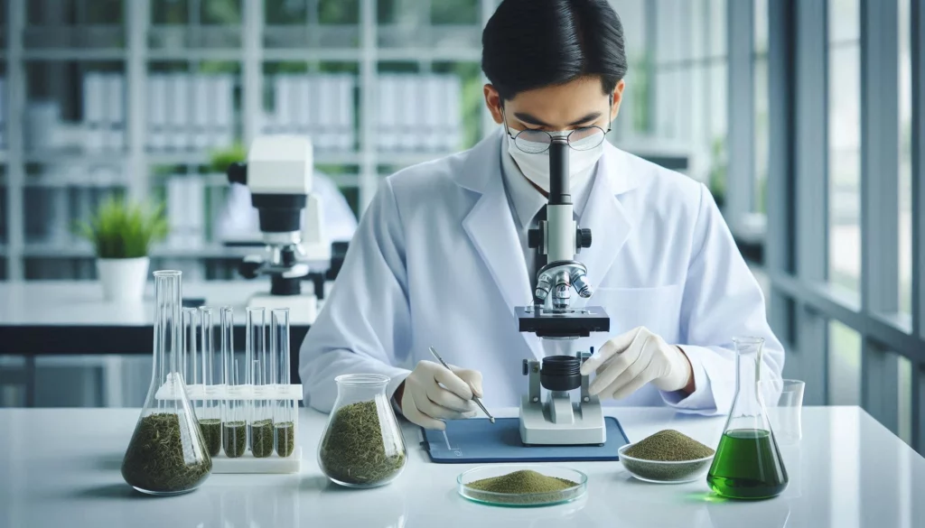 A scientist in white lab coat examining kratom powder under microscope, surrounded various laboratory equipment