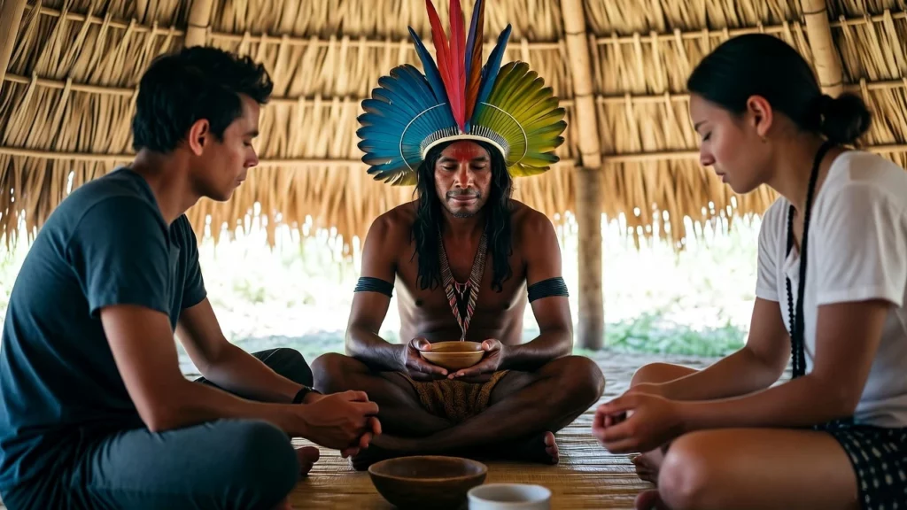 A shaman holds a wooden bowl during plant medicine ceremony with two participants