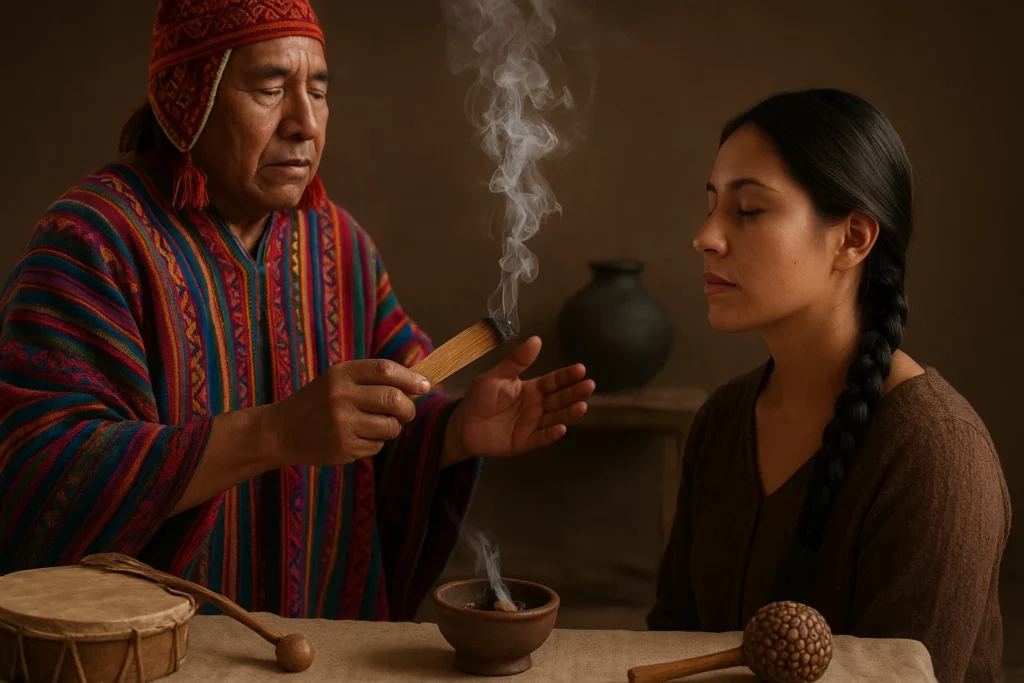 Shaman in colourful Andean poncho smudging palo santo smoke around woman with braided hair