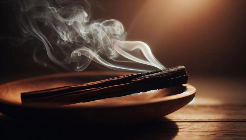 A single burning palo santo stick in a wooden bowl releasing curling smoke