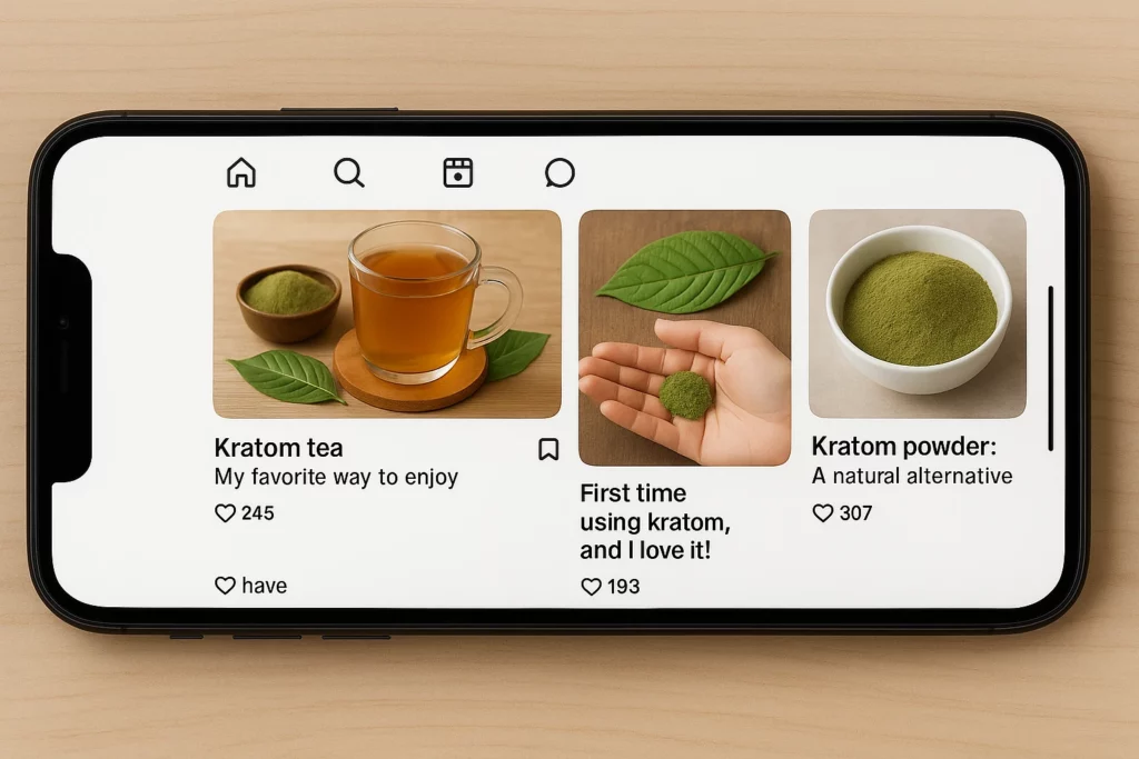 A smartphone displaying a social media feed with posts about kratom tea and powder