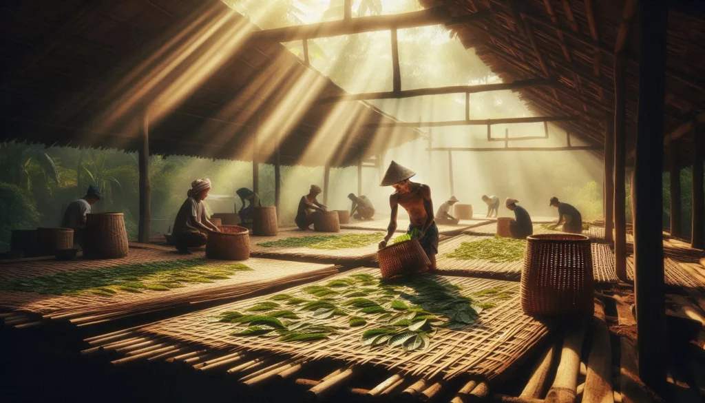 Workers in a bamboo structure drying kratom leaves on mats, with sunlight streaming through the roof and baskets nearby