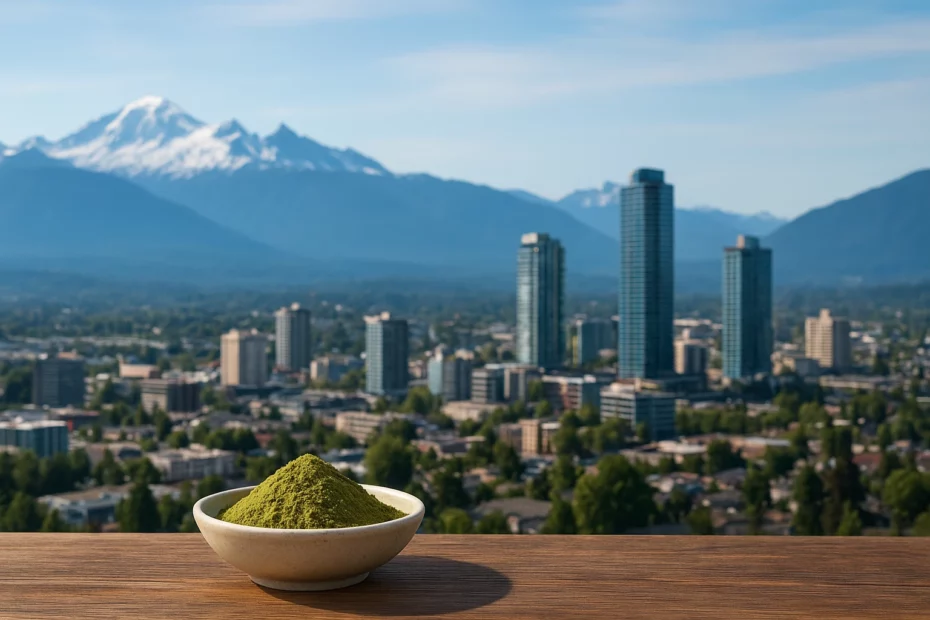 Bowl of kratom powder on a wooden table, with Surrey BC skyline and snow-capped mountains, highlighting kratom in Surrey