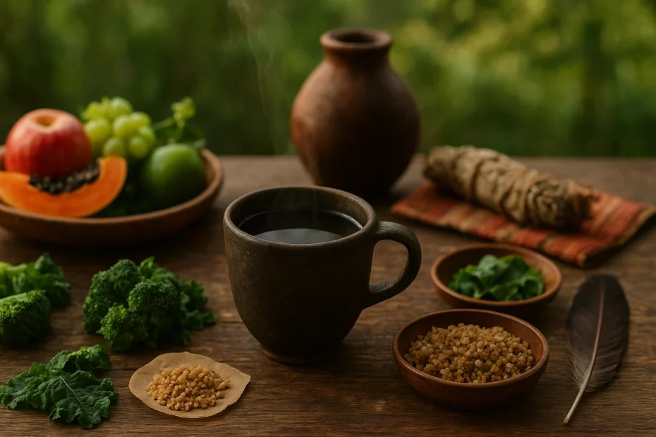 Plant medicine diet on a table with a beverage in a cup, surrounded by bowls of grains, greens, and a plate of fruits