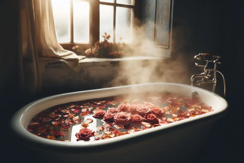 Traditional herbal baths with rose petals and warm water in a ceramic bath tub. Sunlight streams through a window nearby