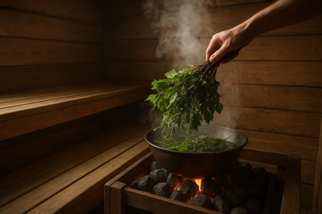 Birch branches steeping in a steaming pot over glowing coals inside a wooden Scandinavian sauna, with a hand holding the foliage