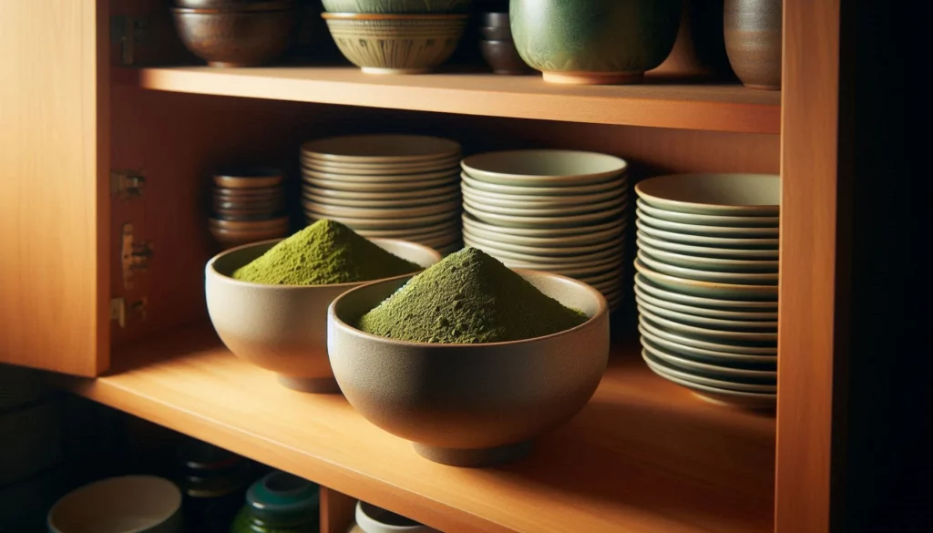 Two ceramic bowls filled with green kratom powder placed on a wooden shelf beside stacked plates and decorative pottery