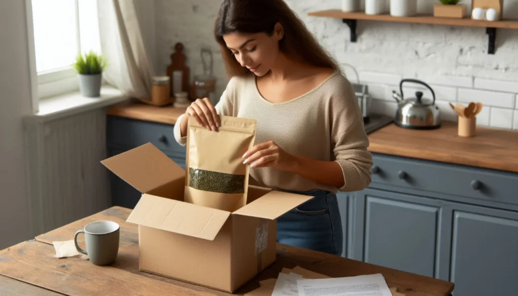 A person in a beige sweater unboxes a package containing a bag of loose kratom powder on a wooden kitchen counter
