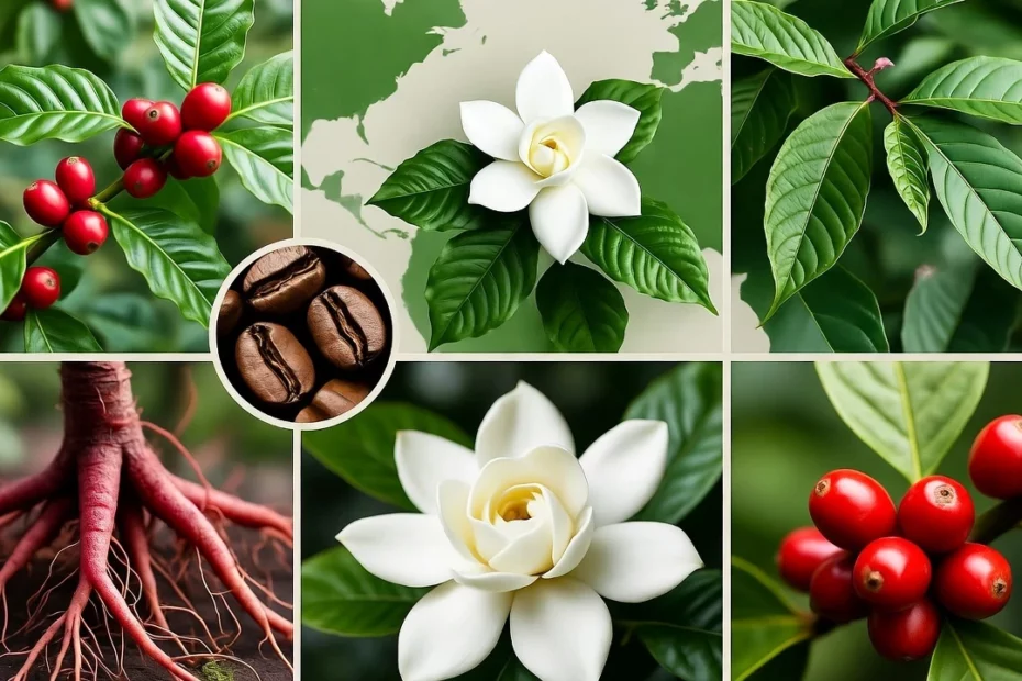 Collage featuring a variety of six plants from the Rubiaceae family