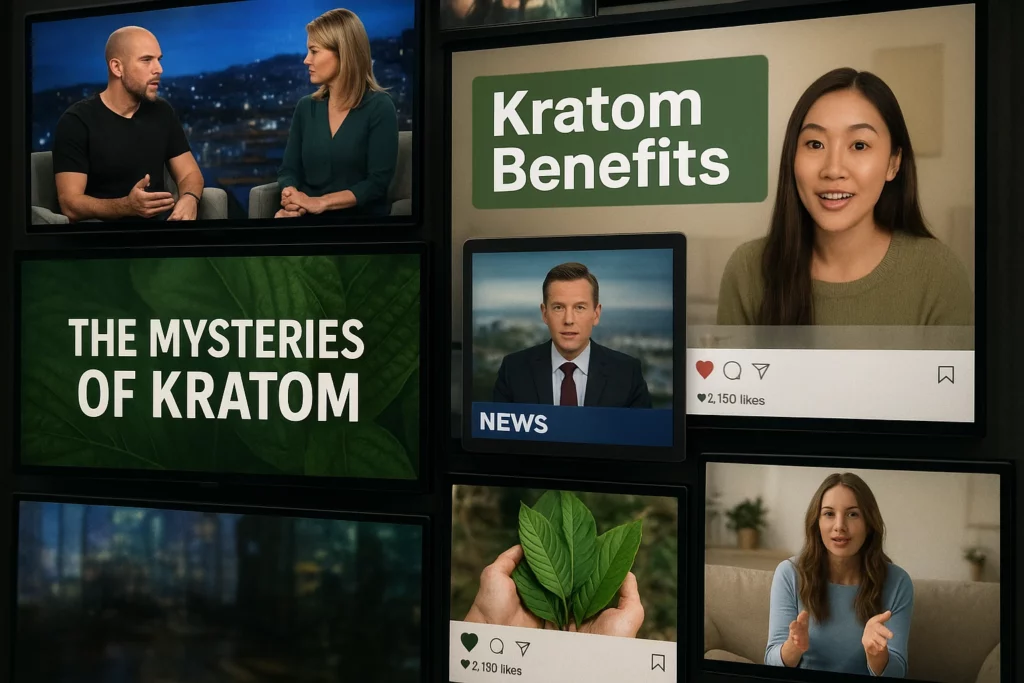 Collage of media screens featuring interviews and social media posts about kratom benefits