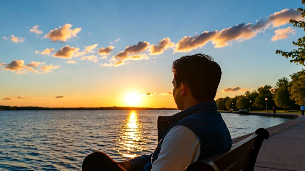 A person sitting on a bench watching sunset over a body of water in Oshawa