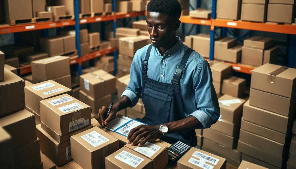 A worker labels cardboard boxes with shipping details, surrounded by stacked packages in a warehouse