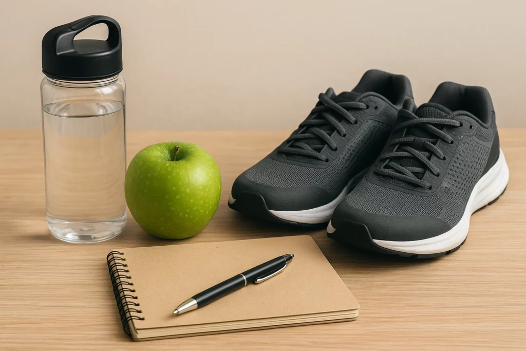 Green apple, water bottle, notebook, pen, and running shoes on wooden surface for irritability prevention