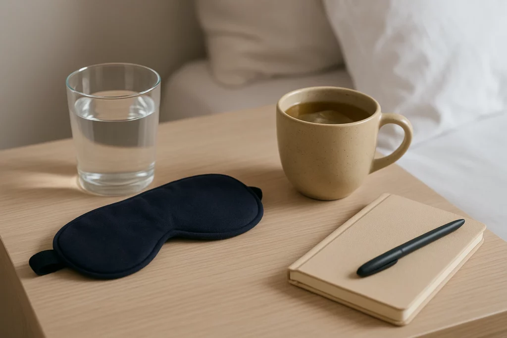 Black sleep mask, glass of water, ceramic teacup, and beige notebook with pen on a nightstand beside a white bed