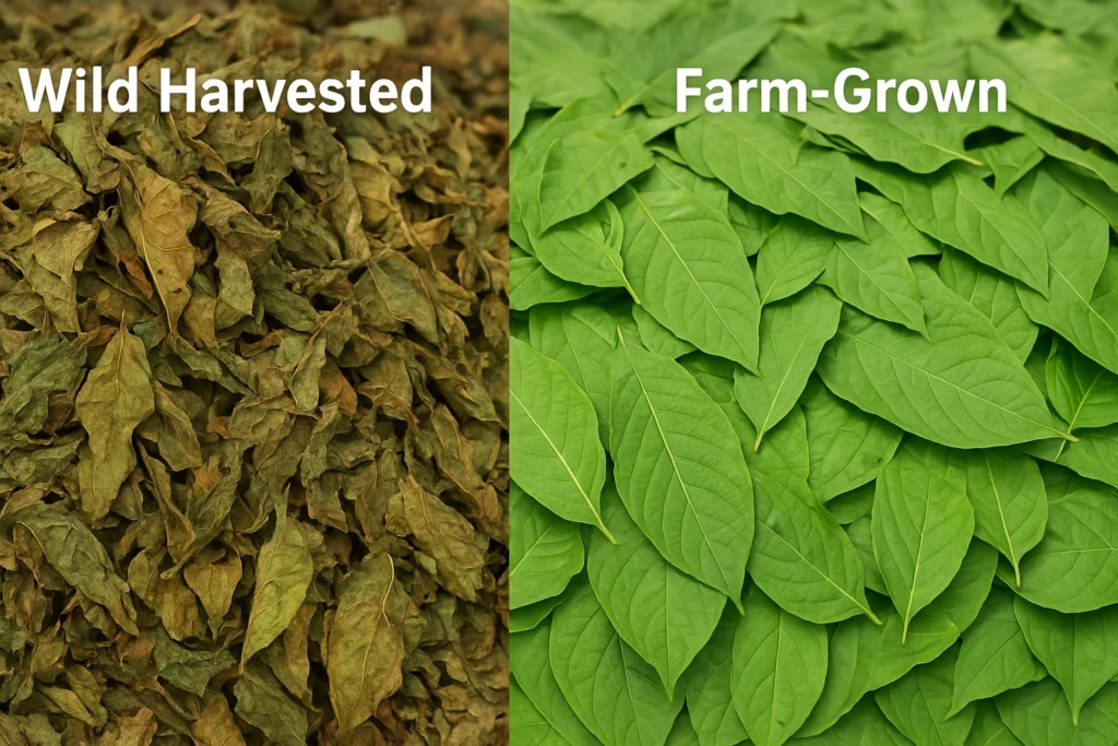 Wild harvested dried leaves in earthy tones on the left, contrasting with vibrant green farm-grown leaves on the right