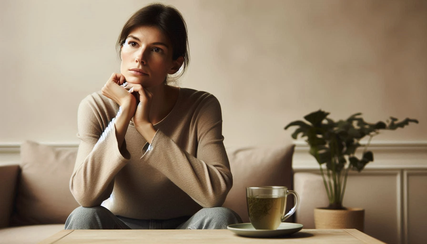 Woman with kratom irritability sitting thoughtfully with hands on chin, green kratom tea cup on table beside her