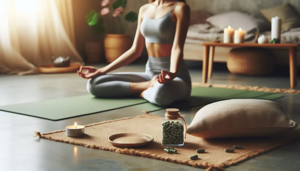 A woman meditating indoors on a green mat, surrounded by lit candles and a jar of kratom capsules