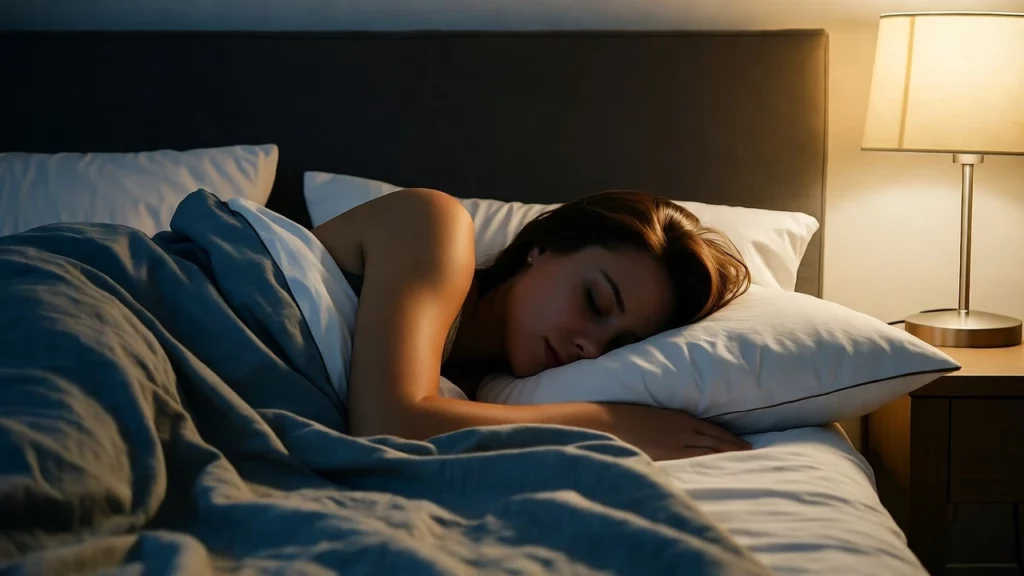 Woman in deep REM sleep under blue blanket with bedside lamp glowing