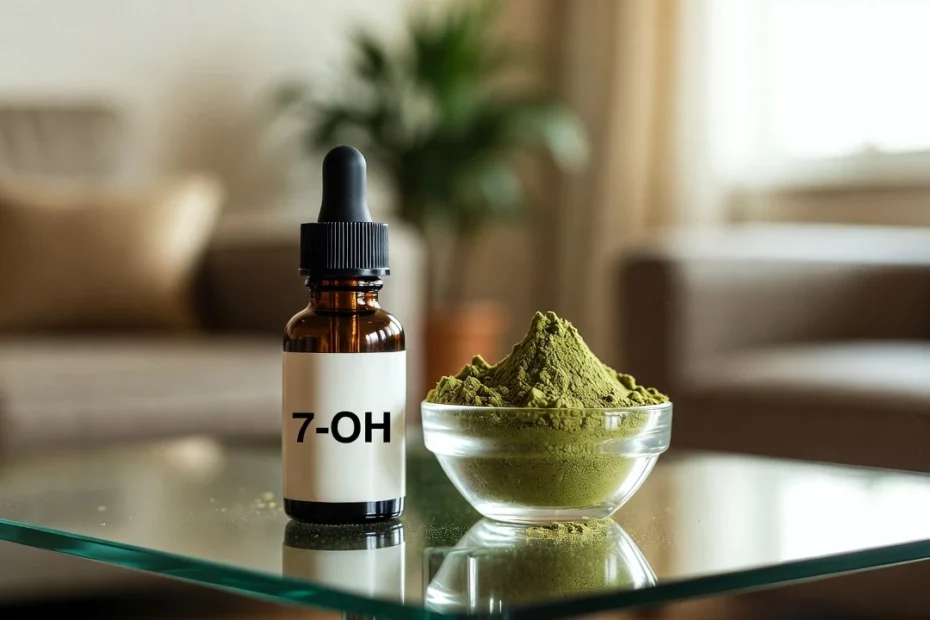 7-hydroxymitragynine products, such as a dropper bottle labelled 7-OH beside a bowl of green kratom powder