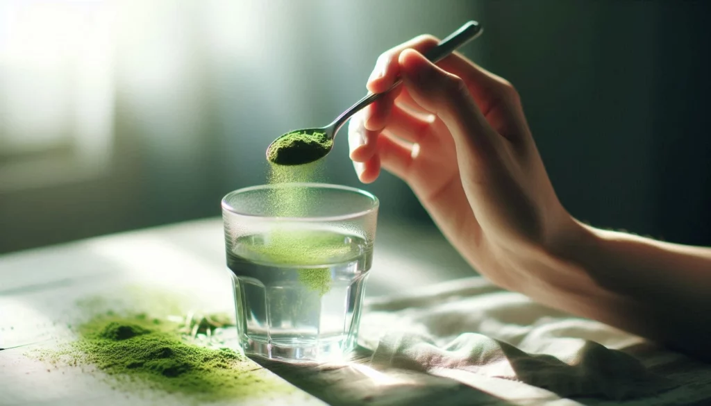 A hand holding a spoon with green kratom powder being poured into a glass of water