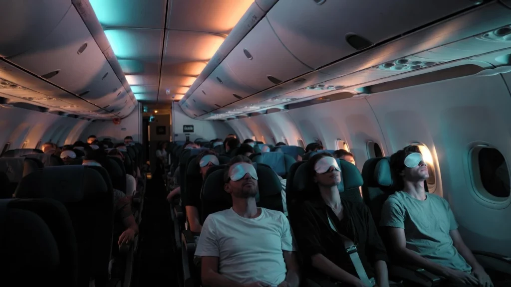 Passengers wearing sleep masks rest in airplane seats under dim cabin lighting