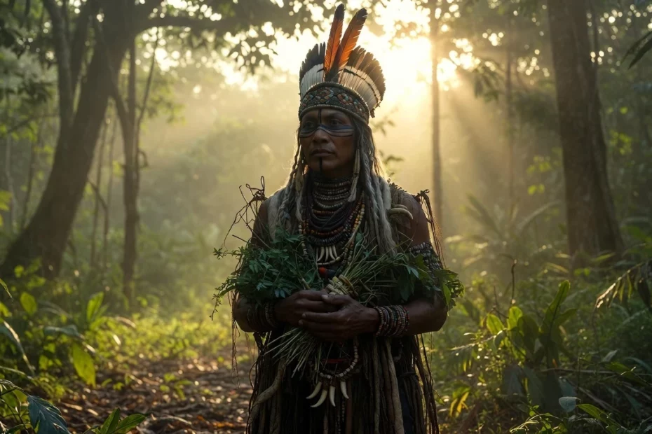 Amazonian shaman in full feather headdress holding a bundle of fresh medicinal plants during sunrise in the rainforest for a shamanism ritual
