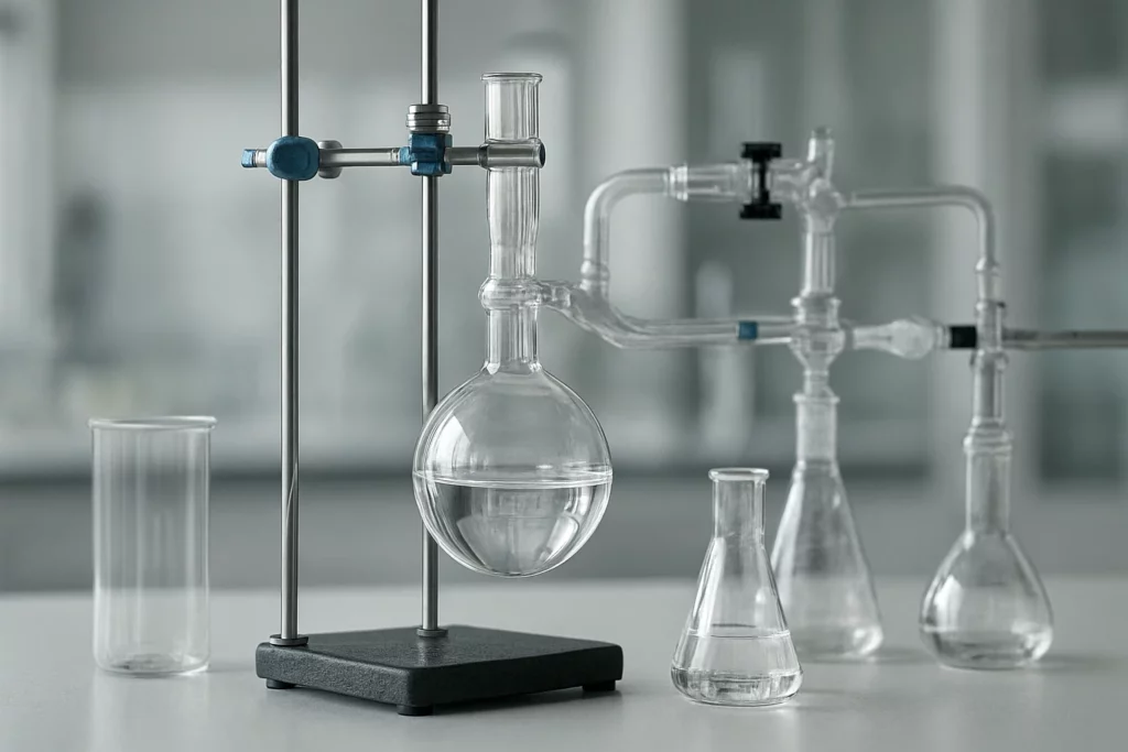 Glass distillation setup with round-bottom flask, Liebig condenser, and receiving flasks on a lab stand