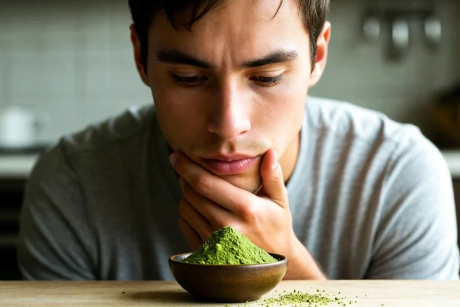 Young man resting chin on hand, staring at a small bowl of kratom powder on a kitchen table as he experiences a kratom plateau