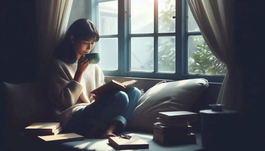 A person reading a book and sipping kratom tea by a sunlit window, surrounded by books and soft cushions
