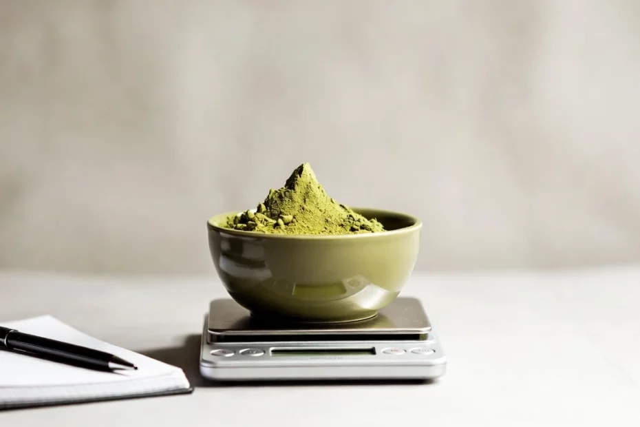 Measuring the daily limit for kratom with a bowl of powder on a digital scale by an open notebook and pen