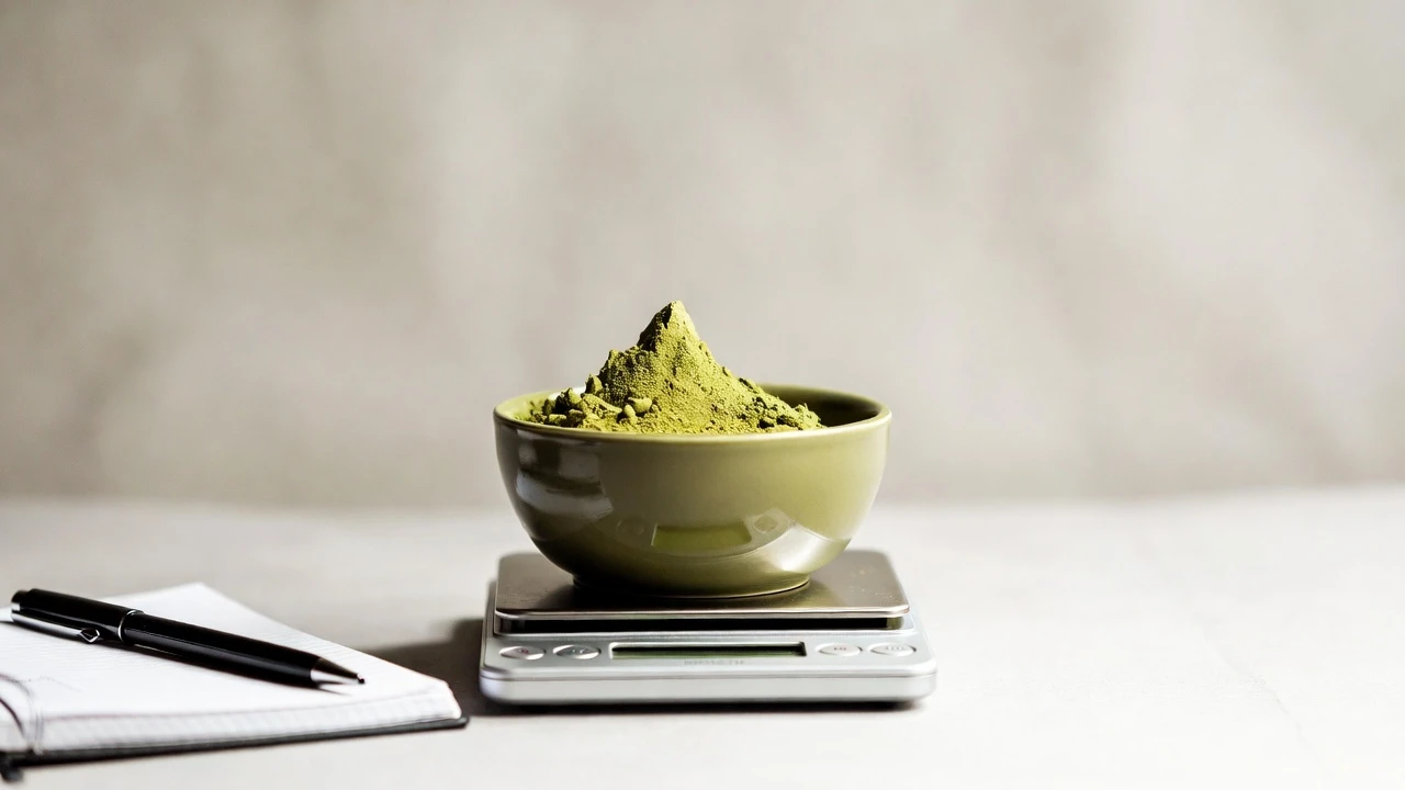 Measuring the daily limit for kratom with a bowl of powder on a digital scale by an open notebook and pen