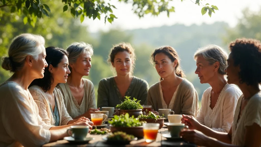 Seven women sitting around a wooden table, holding cups of tea, with a centrepiece of fresh herbs, set against a lush green landscape