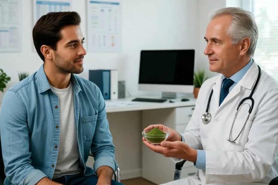Doctor holding a bowl of kratom powder, discussing with patient about kratom’s effect on testosterone in a clinical office