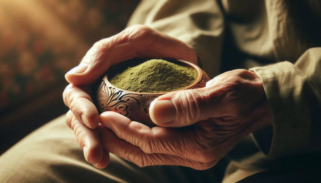 Elderly hands cradling a decorative bowl filled with kratom powder