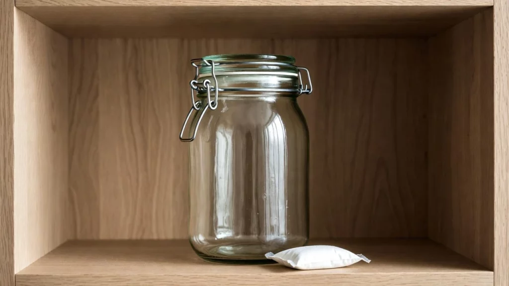 Empty glass jar with metal clasp lid beside white silica gel packet on a wooden shelf