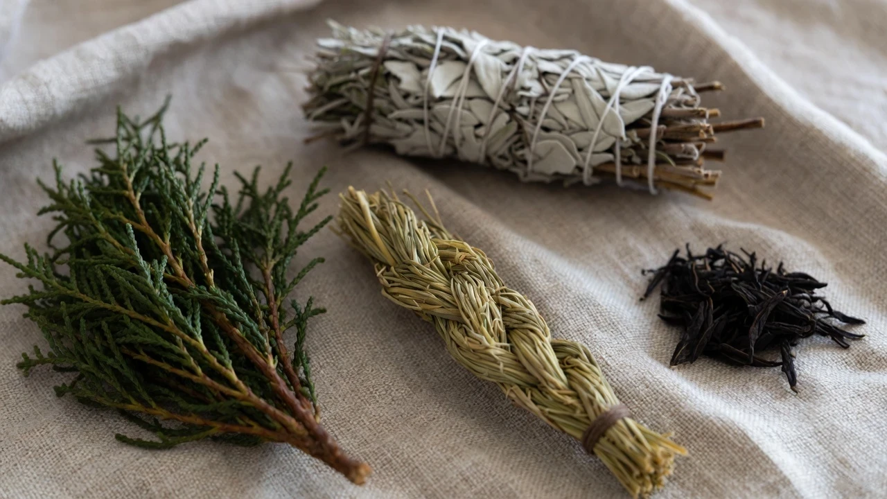 Four sacred herbs such as cedar, sage, sweetgrass and loose tobacco on a textured beige fabric