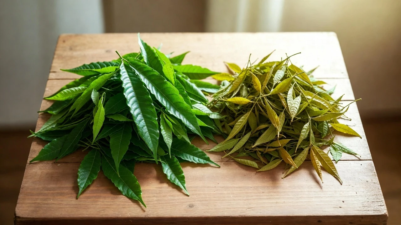 Fresh deep-green kratom leaves beside oxidized leaves where kratom leaves turn yellow on a wooden surface