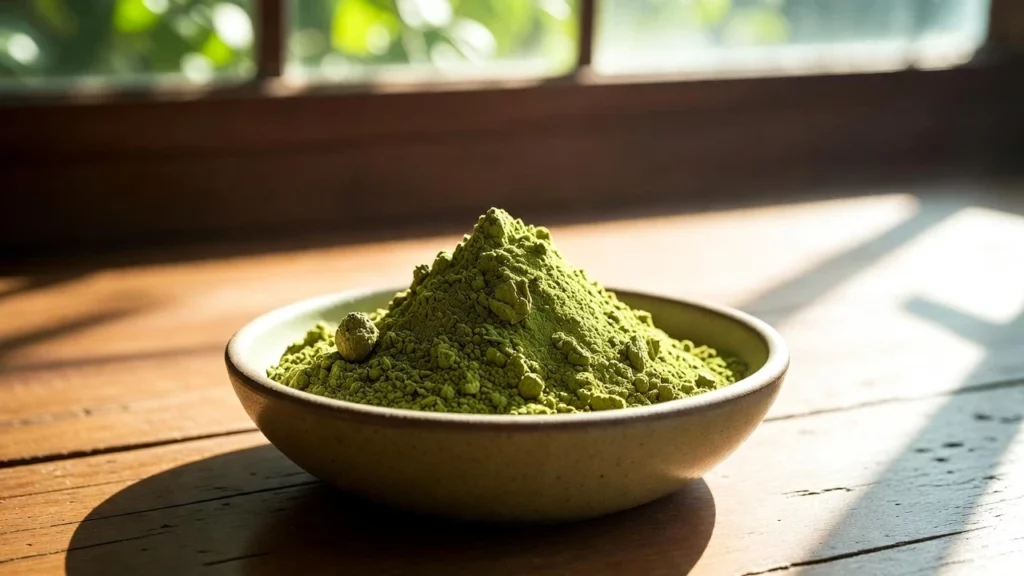 Ceramic bowl heaped with slightly clumpy kratom powder on wooden table in sunlight